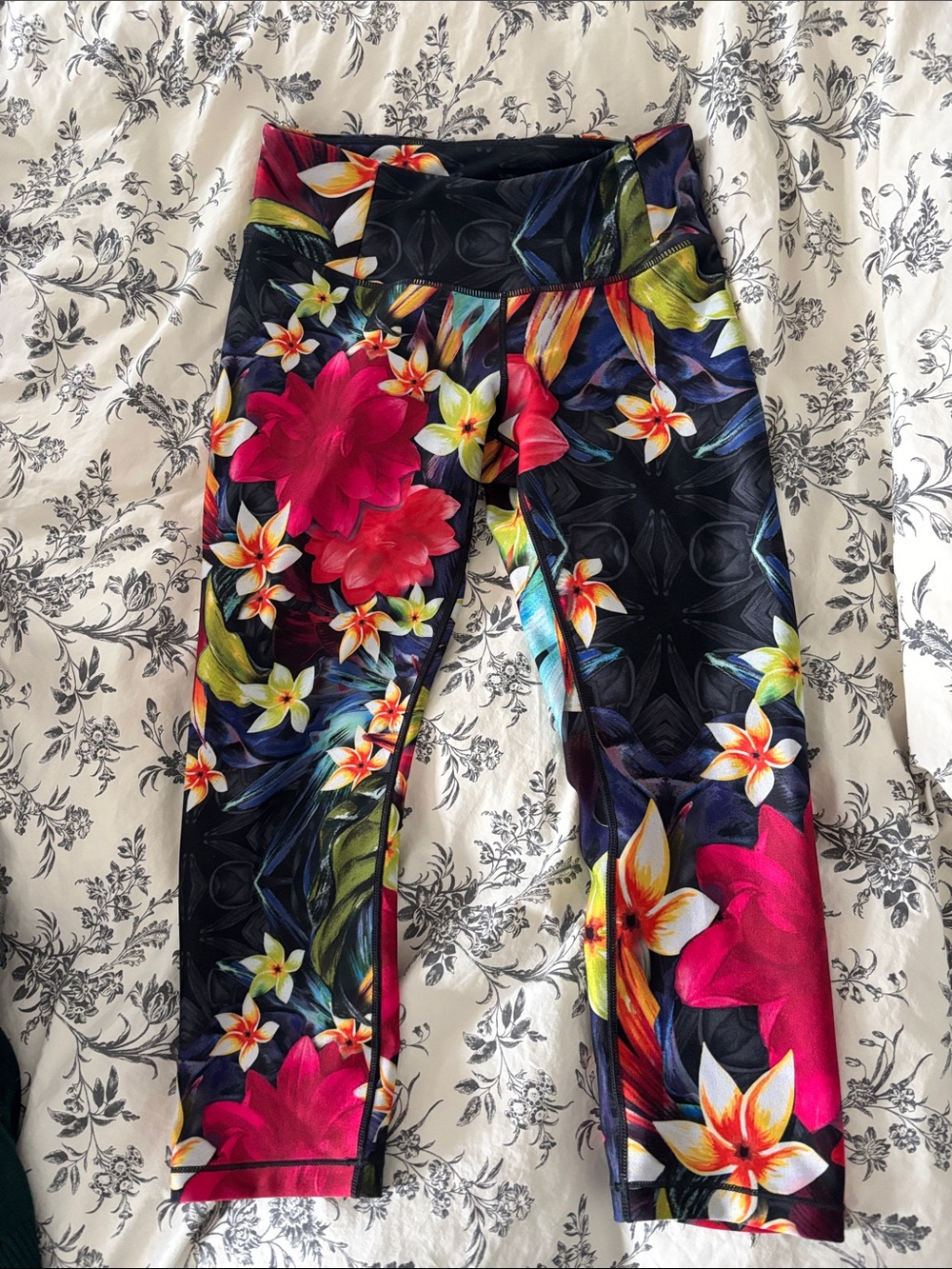 CALIA by Carrie Underwood Black Floral Capri Leggings with Pink & Yellow